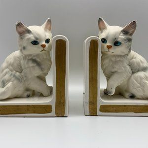 Vintage Mid-Century Modern Lefton Porcelain White Cat Bookends - a Pair
